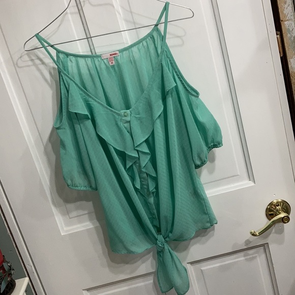 Cold Shoulder Ruffle/Button/Tie Front Top - Picture 1 of 6